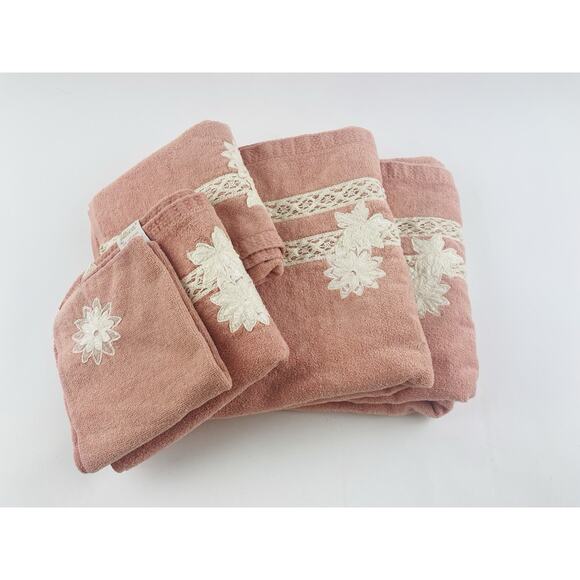 Vintage Utica J.P. Stevens Pink Cream Towel Set 5 Fine Fashion Delicate Applique - Picture 15 of 16